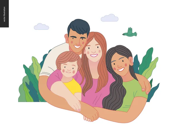 Glad internationell familj med barn -familjens hälsa och välbefinnande — Stock vektor