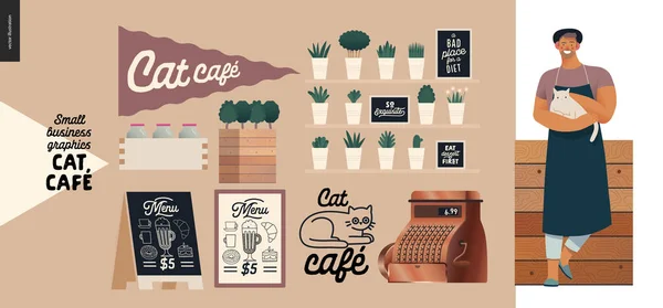 Кошачье кафе - графика для малого бизнеса - элементы владельца и магазина — стоковый вектор