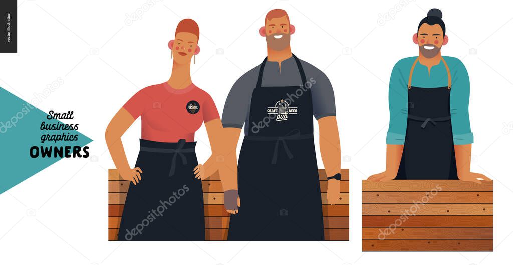 Owners -small business owners graphics. Modern flat vector concept illustrations - young woman and man wearing black aprons, young long-haired man, standing at the wooden counter