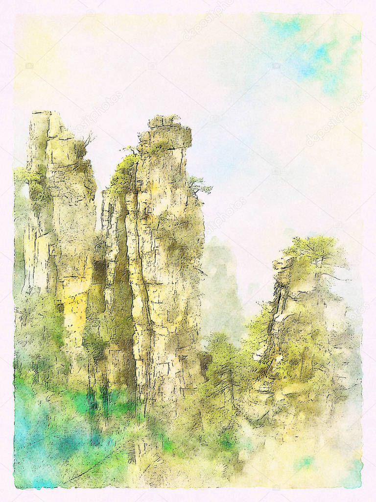 Watercolor Landscape of Zhangjiajie National Forest Park