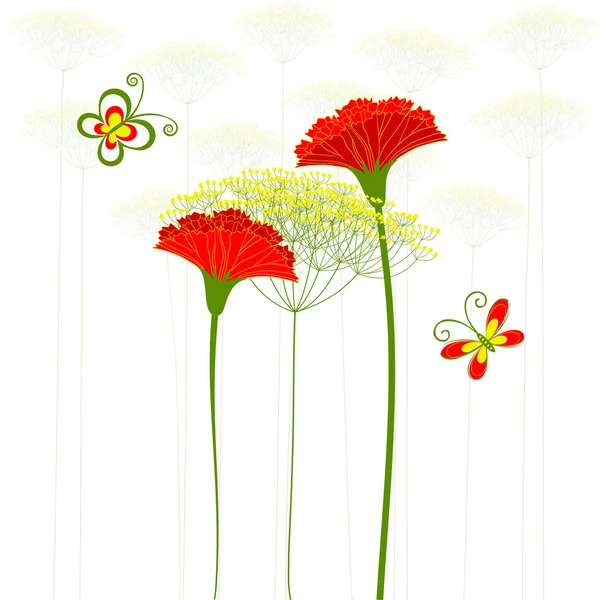 Red Carnation Flower, Dandelion and Butterfly Background — Stock Vector