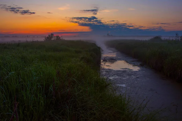 Landscape during sunrise near the river — Stock Photo, Image