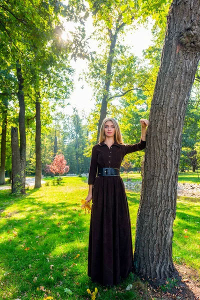 Jeune Femme Dans Parc Automne Dans Une Robe — Photo