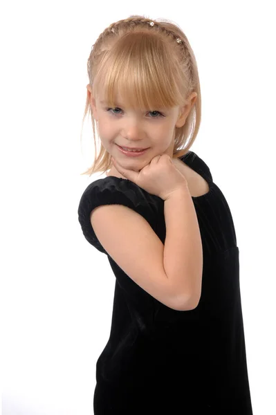 Κοριτσάκι Μαύρο Φόρεμα Ουδέτερο Λευκό Φόντο — Φωτογραφία Αρχείου
