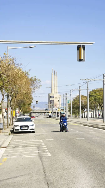 Estrada Sant Adria Del Besos Com Três Chaminés Antiga Central — Fotografia de Stock