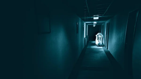 Terrible corridor in hotel, horror dark hallway