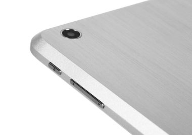 Geri giriş beyaz arka plan üzerinde ince beyaz gümüş metal tablet