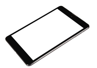 Siyah gümüş metal düz beyaz arka plan ürün cephesinde tablet
