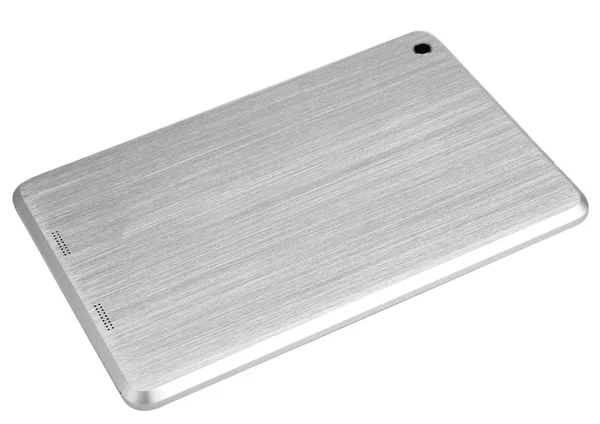 Tablette métal argenté blanc sur fond blanc mince dos plat — Photo