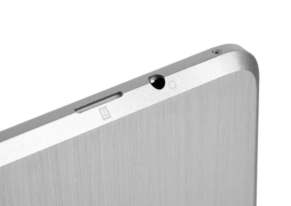 Tablet metal prata branco no fundo branco cartão traseiro magro — Fotografia de Stock
