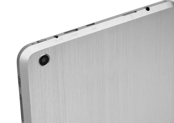 Tablet metal prata branco no fundo branco detalhes traseiros slim — Fotografia de Stock