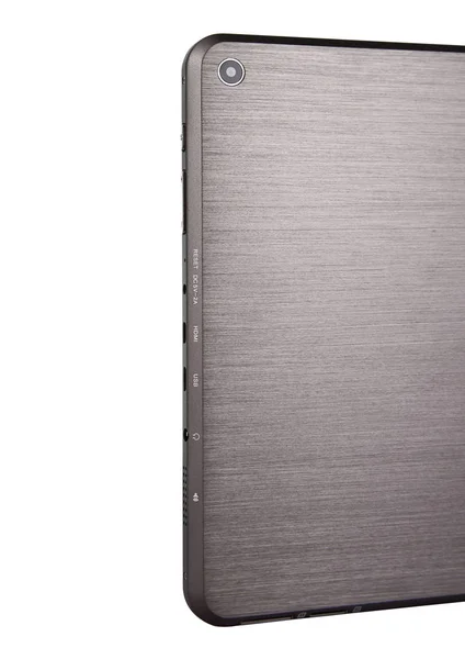 Tableta metal plateado blanco sobre fondo blanco respaldo horizontal ca — Foto de Stock