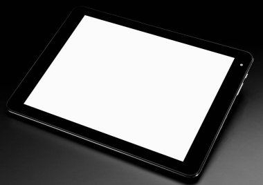 Tablet beyaz gümüş metal siyah arka plan e-kitap ön sağ