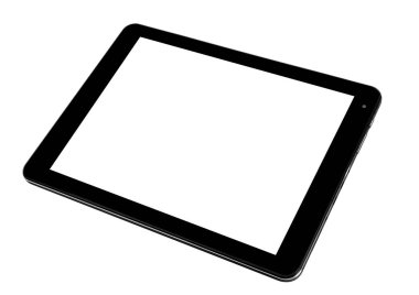 Tablet beyaz gümüş metal beyaz arka plan e-kitap ön sağ