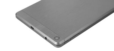 Tablet metal gümüş geri yakın kamera izole
