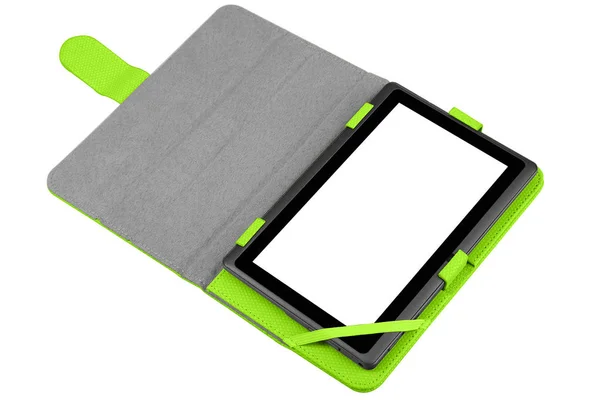Tablet case etui green open flat back with tablet — Stock Photo, Image