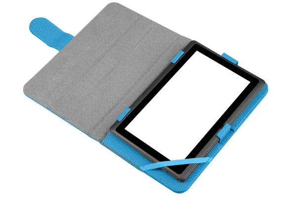 Kotak tablet etui blue open flat back dengan tablet — Stok Foto