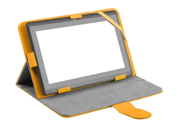 Tablet pouzdro etui žluté oranžové otevřené přední s tabletem — Stock fotografie