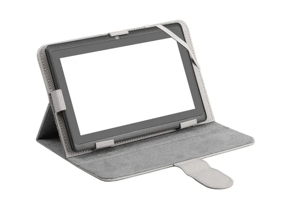 Kotak tablet etui abu-abu terbuka di depan dengan tablet — Stok Foto