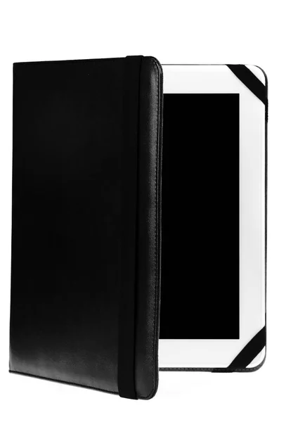 平板电脑 etui 覆盖黑色开放直立左前方用白色 — 图库照片