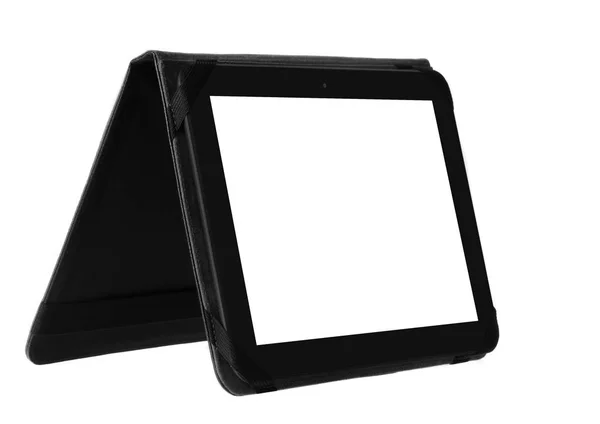 Tablet etui menutupi hitam terbuka depan berdiri di sebelah kiri dengan hitam — Stok Foto