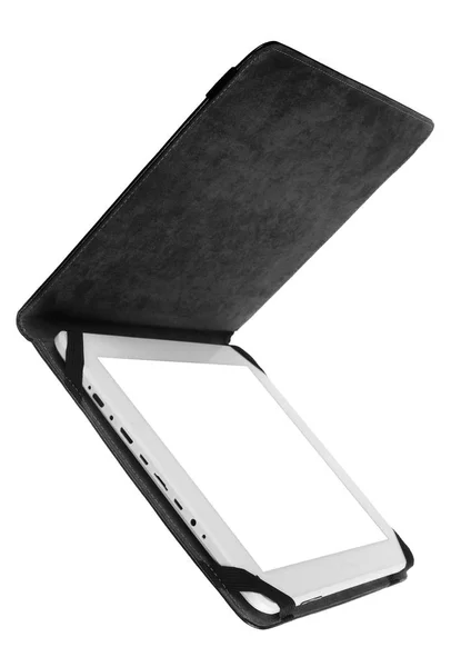 Tablet etui cover preto aberto de pé voando com comprimido branco — Fotografia de Stock