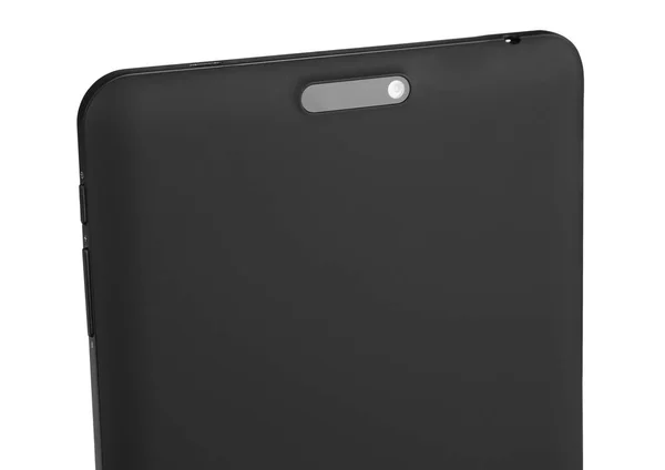 Tablet negro aislado detrás cámara de cerca — Foto de Stock