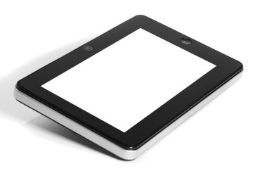 Tablet cihaz gümüş metal ön açısı sol tarafında shad ile siyah