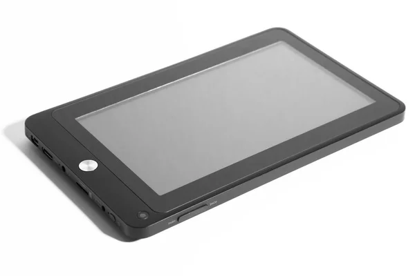 Tablet preto com tela cinza deitado com sombra frontal direita — Fotografia de Stock