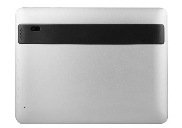 Tablet black silver metal on white background cutout isolated without screen side