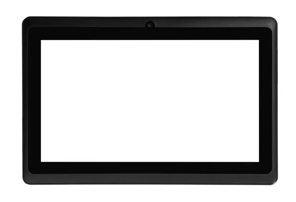 Tablet preto frente reta tela branca — Fotografia de Stock