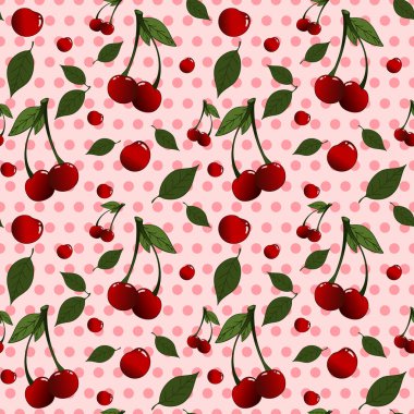 Kiraz ve yapraklarda hafif noktalı arka plan deseni