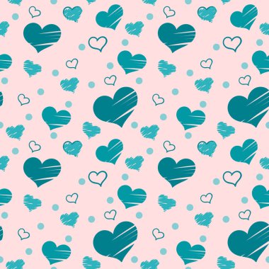 Mavi kalpler ile Seamless Modeli rastgele, pembe arka plan yerleştirilir. Dış hat ile yalnızca fırça darbeleri ile dolu.