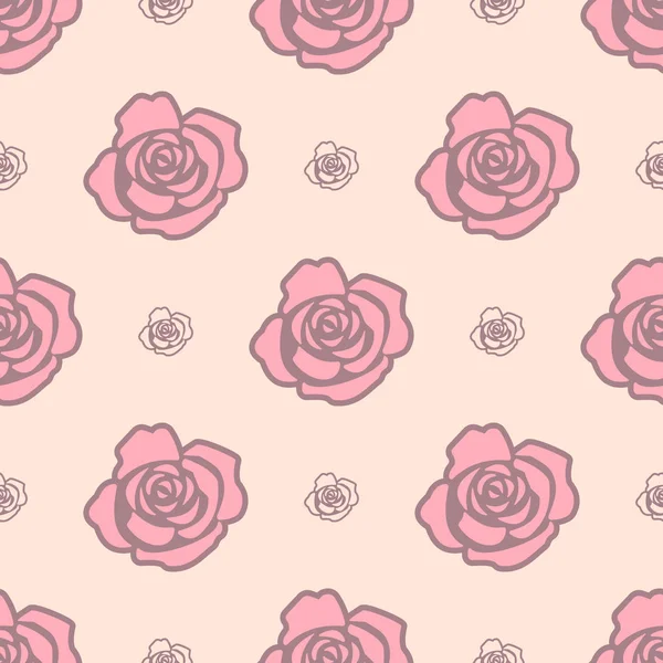 Patrón suave sin costuras con rosas rosadas grandes y rosas pequeñas de color rosa claro sobre fondo beige claro . — Archivo Imágenes Vectoriales