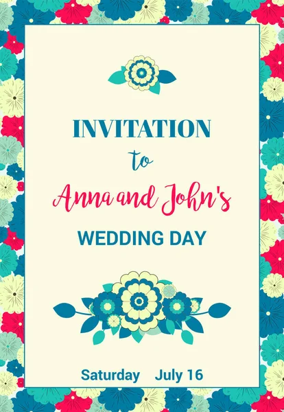 Çiçek davet düğün günü veya herhangi bir diğer kutlama için. Kırmızı, mavi, yeşil ve sarı çiçek rasgele yerleştirilmesi.