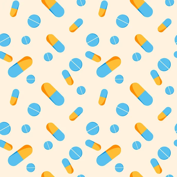 Seamless pattern with yellow and blue capsules and blue pills — Stock Vector