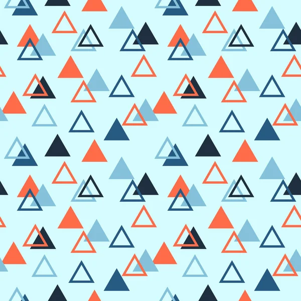Modèle géométrique abstrait sans couture avec des triangles remplis et vides. Orange, bleu clair et bleu foncé — Image vectorielle