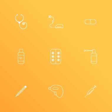 Doktor vektör grip ve soğuk gibi hastalıkların tedavisinde basit düz lineart simgeler kümesi. Termometreler, oksijen tüpü, karışım, sprey, hap, kapsül, stetoskop, içeren degrade arka plan üzerinde şırınga