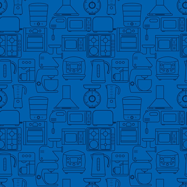 Seamless pattern with kitchen machines. Contains oven, microwave, mixer, blender, steamer, kettle, meat grinder, toaster, scales, ventilation, coffee machine. Suitable for wallpaper, pattern fills, textile, web page background, surface textures.Vecto