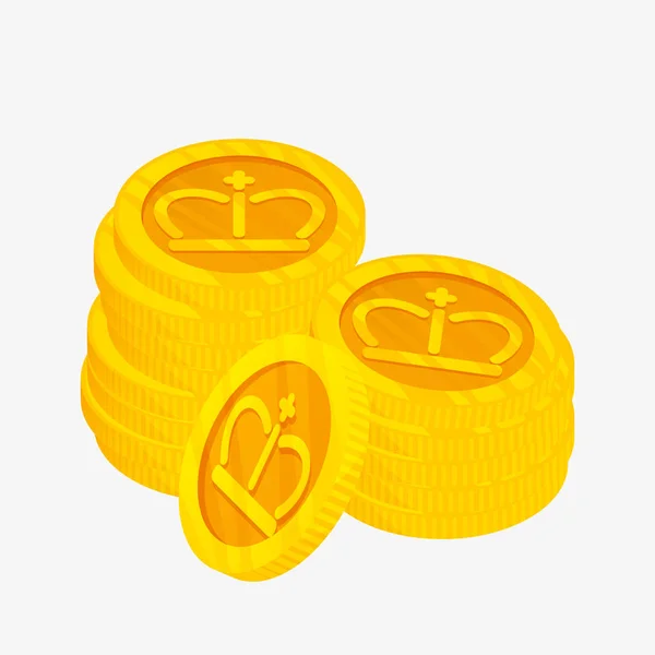 3D vector icon for a two stacks of gold coins with gold crown on top. Winner award. The best choice for savings and banking. — Stock Vector