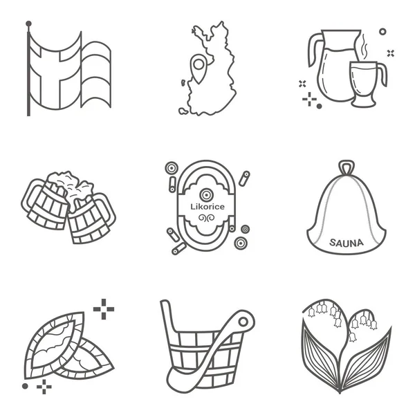 Set van lineart vector iconen van Finland belangrijkste symbolen en tekens met inbegrip van de vlag en land kaart. — Stockvector