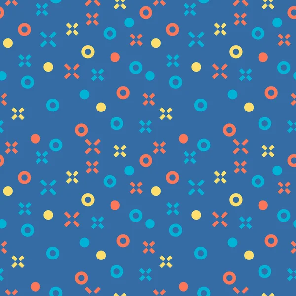 Naadloze abstracte patroon. Geometrische achtergrond met lichte rode, blauwe en gele kruisjes en cirkels. Vectorillustratie. — Stockvector