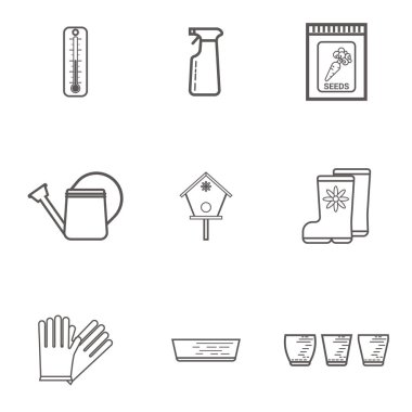 Bahçe Icons set. Termometre, tohum, sulama olabilir, sakız çizme ve eldiven, saksı. Hat sanat vektör çizim.