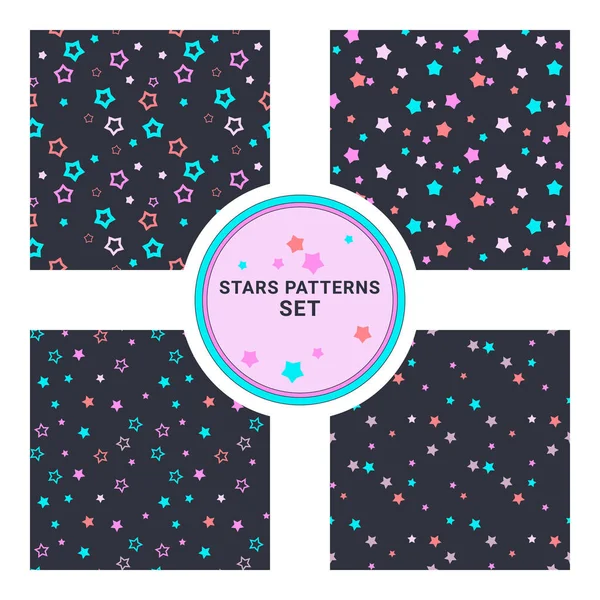 Conjunto de patrones de vectores sin costura con diferentes estrellas. Ilustración vectorial. Fondo para vestido, fabricación, fondos de pantalla, impresiones, papel de regalo y álbum de recortes . — Vector de stock