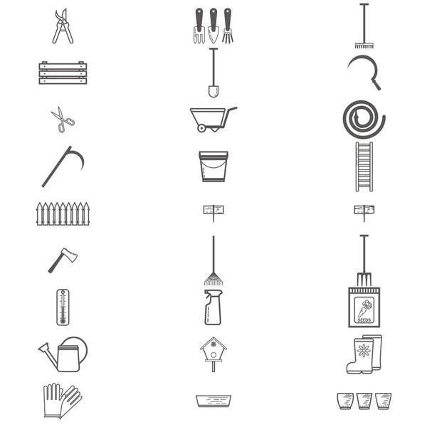 Ferramentas de trabalho de jardinagem conjunto de ícones planos. Equipamento para trabalhar no jardim, luvas, tesouras de jardim, sementes, pá, regador. Ilustração vetorial plana. Conjunto de ícones —  Vetores de Stock