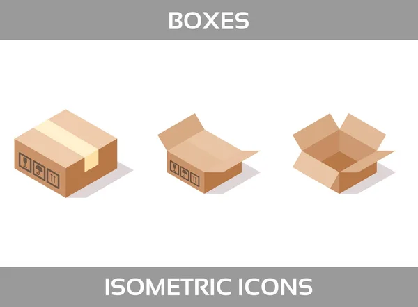Jednoduchý Set ofisometric balení krabice vektor 3dicons. Izometrické ikony barev bez tahů. Lepenkové krabice — Stockový vektor