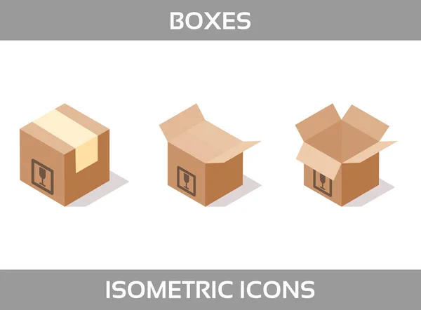 Jednoduchý Set ofisometric balení krabice vektor 3dicons. Izometrické ikony barev bez tahů. Lepenkové krabice — Stockový vektor