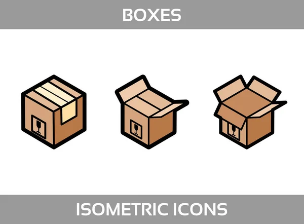 Jednoduchý Set ofisometric balení krabice vektor Flaticons. Barevný byt izometrické ikony s tlusté tahy. Lepenkové krabice — Stockový vektor