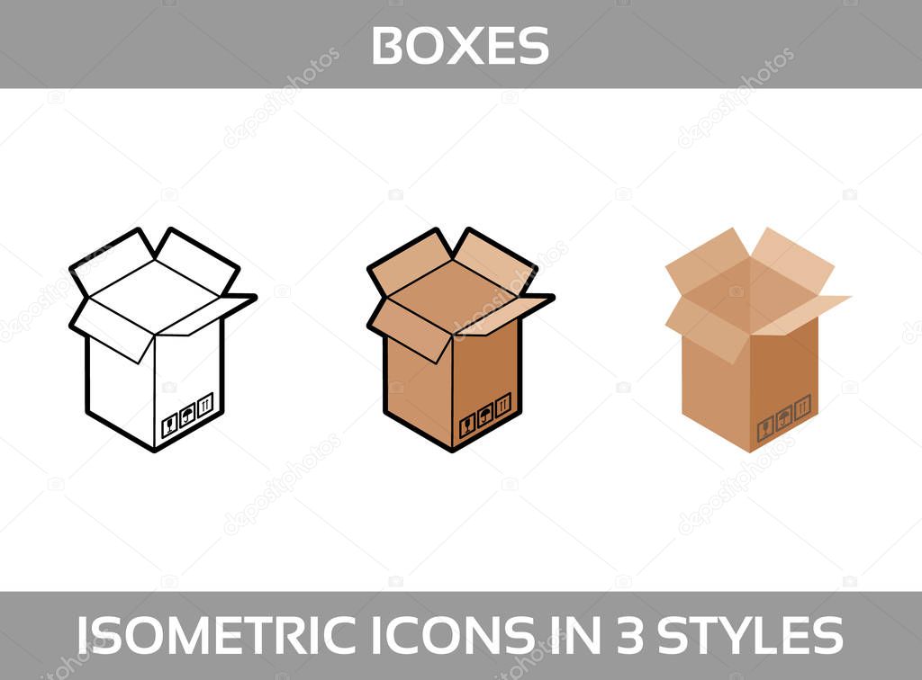 Simple Set ofIsometric packaging boxes Vector 3DIcons. Color isometric icons in three styles. Cardboard boxes
