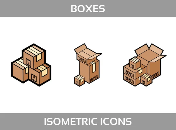 Izometrické krabičkách balení nachází ve třech stylech s poštovní známky směřovat nahoru křehké vektorové ilustrace — Stockový vektor